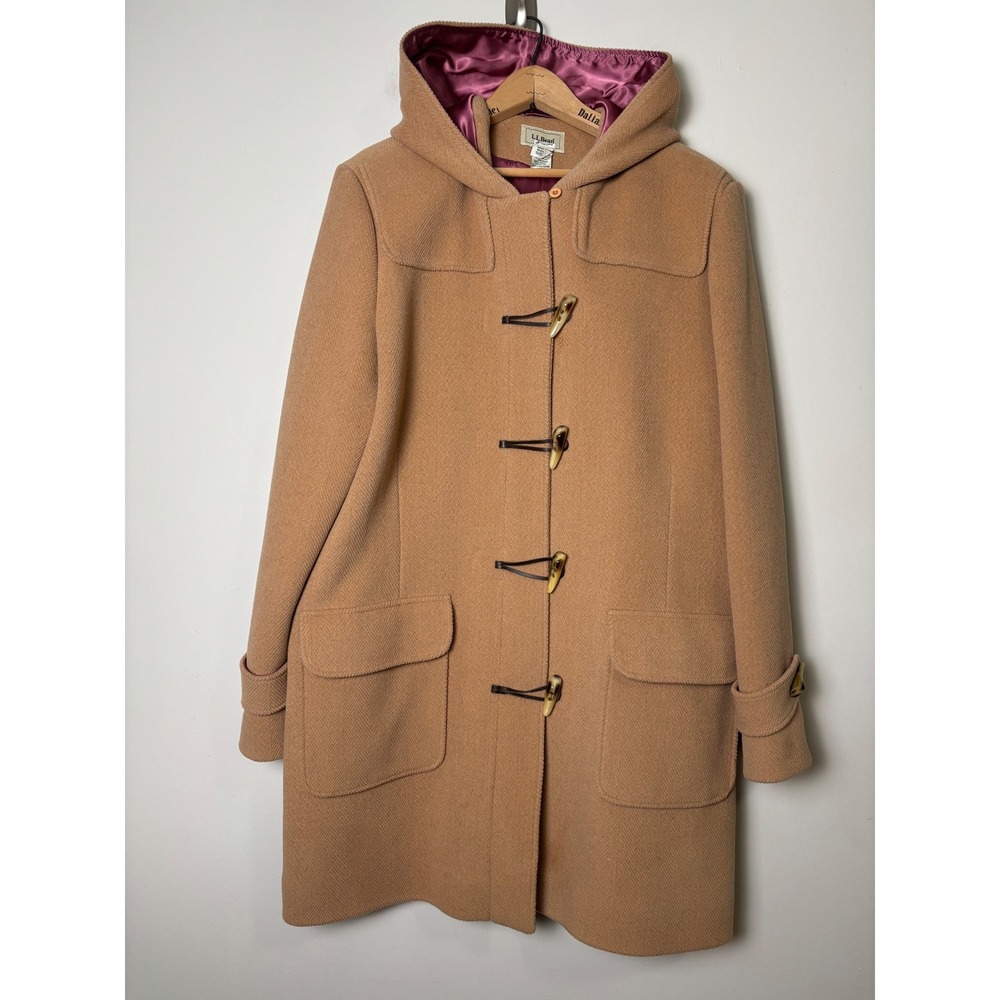 LL Bean Womens Duffle Coat XL Toggle Camel Wool Blend Hooded Classic Overcoat